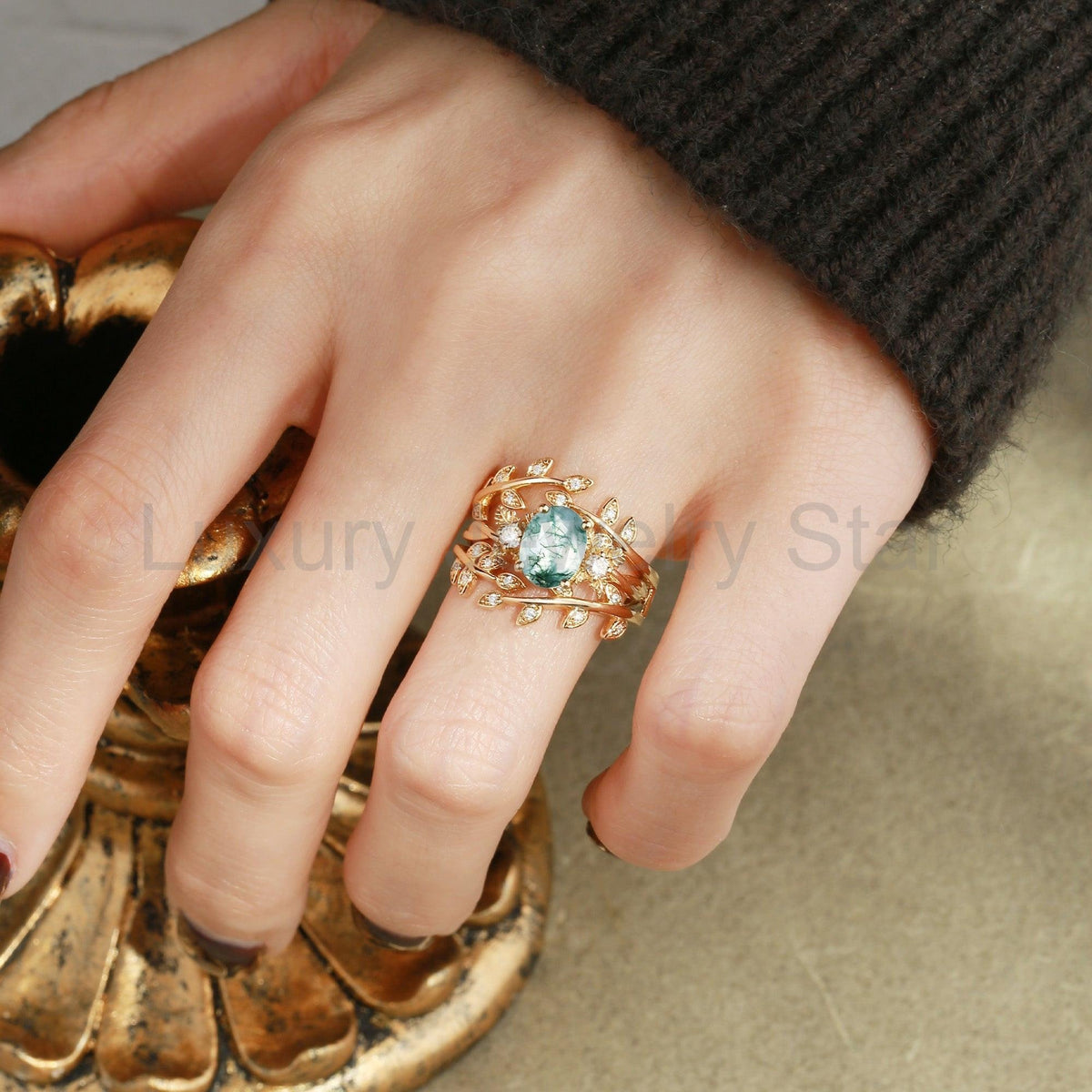 Léonie Oval Cut Moss Agate Leafy Enhancer Ring Set 2pcs - image 2