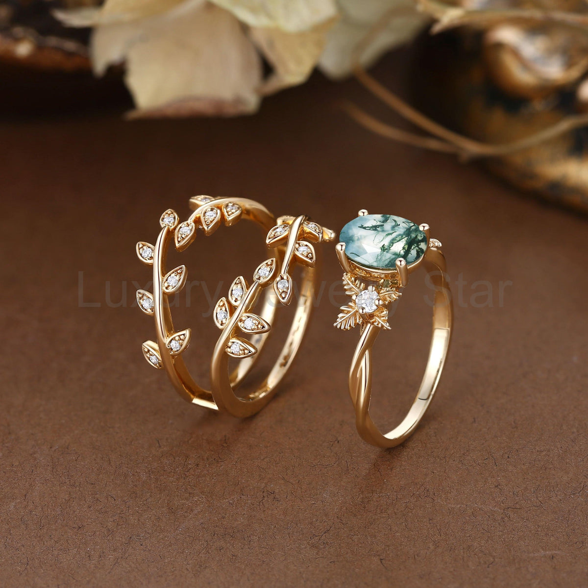 Léonie Oval Cut Moss Agate Leafy Enhancer Ring Set 2pcs - image 3