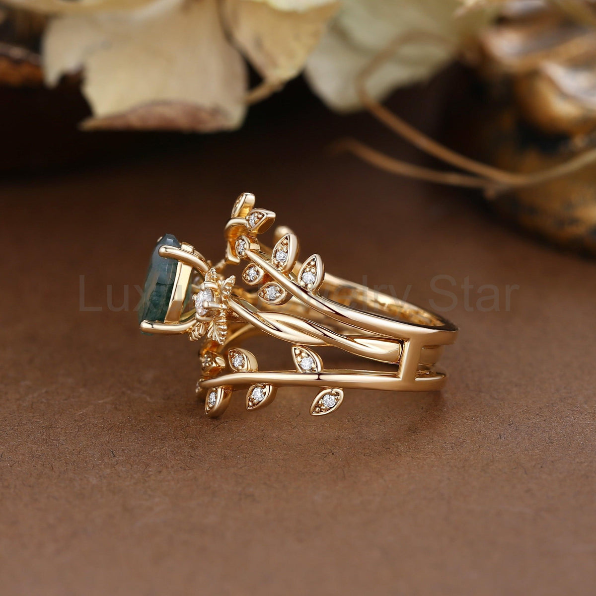 Léonie Oval Cut Moss Agate Leafy Enhancer Ring Set 2pcs - image 4