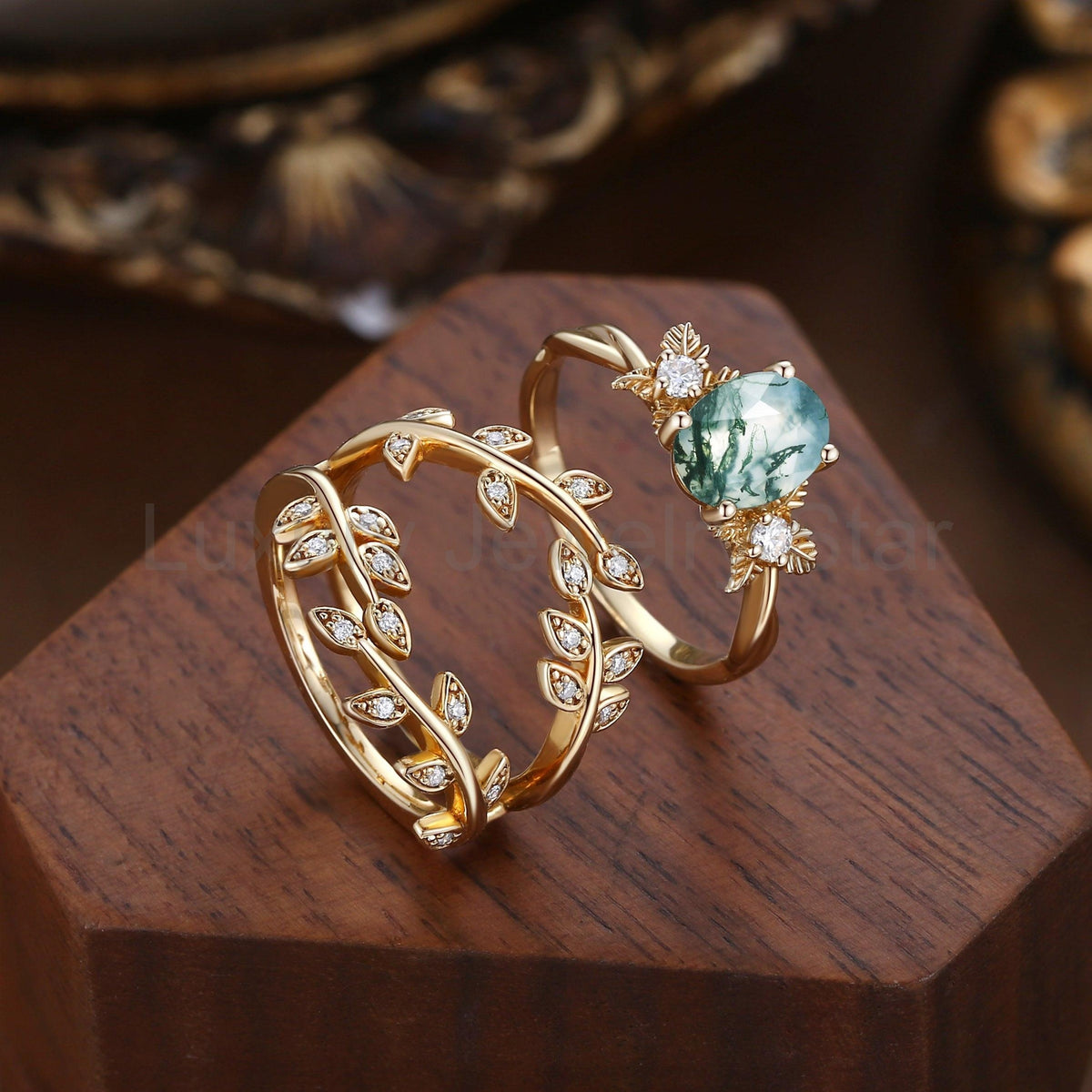 Léonie Oval Cut Moss Agate Leafy Enhancer Ring Set 2pcs - image 5