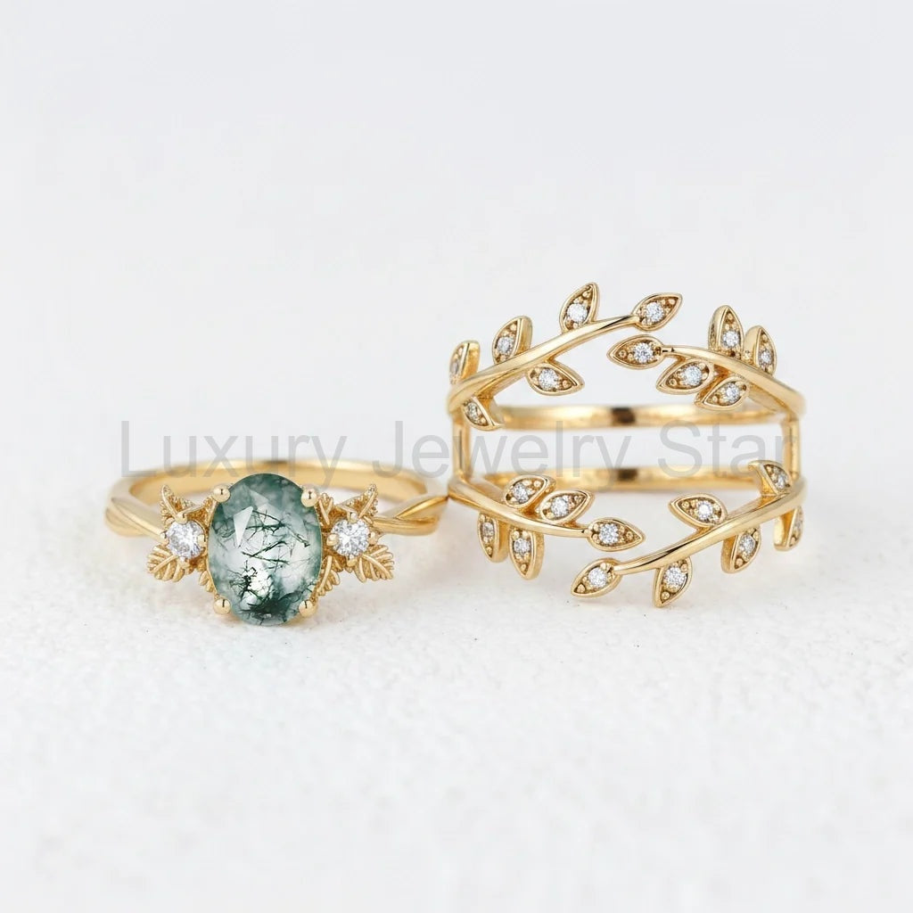 Léonie Oval Cut Moss Agate Leafy Enhancer Ring Set 2pcs - image 6