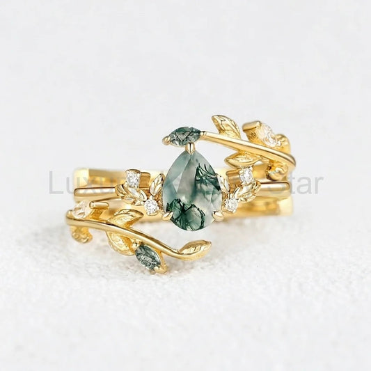 Daphne‘s Verdure | Pear Cut Moss Agate Foliage Bridal Duo