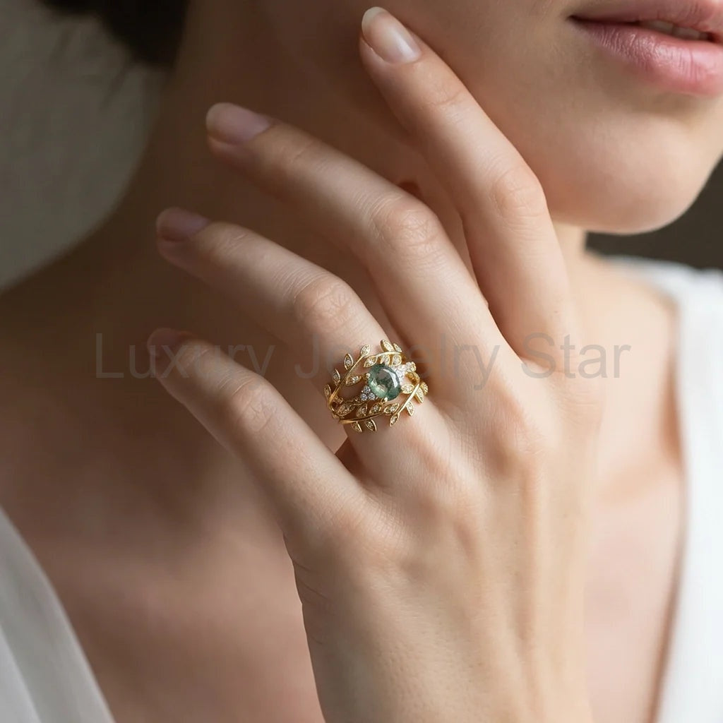 Honorée Moss Agate Leafy Branch Enhancer Ring Set 2pcs - image 3