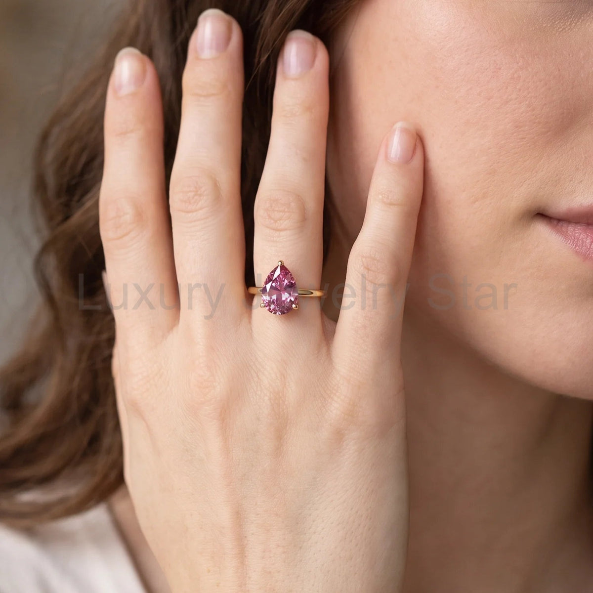 Celina's Reverie | 3CT Pear Cut Pink Sapphire Solitaire Engagement Ring - image 3