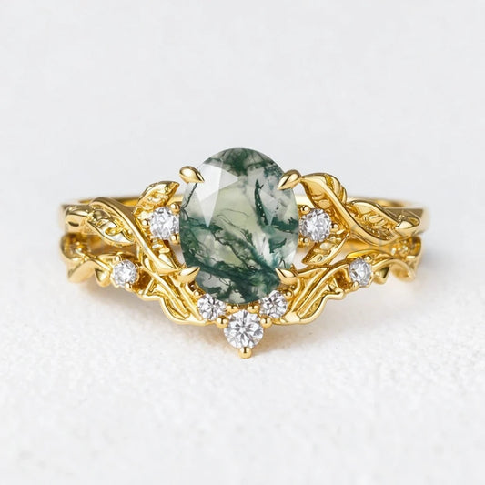 Rosalind’s Arbor | Oval Cut Moss Agate Leaf Branch Bridal Set 2pcs