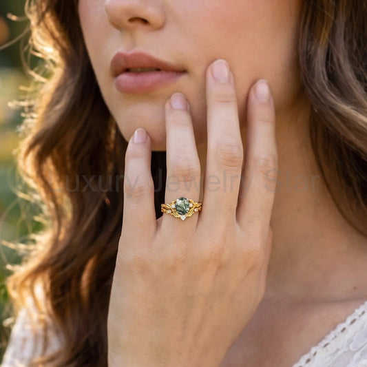 Rosalind’s Arbor | Oval Cut Moss Agate Leaf Branch Bridal Set 2pcs - image 2