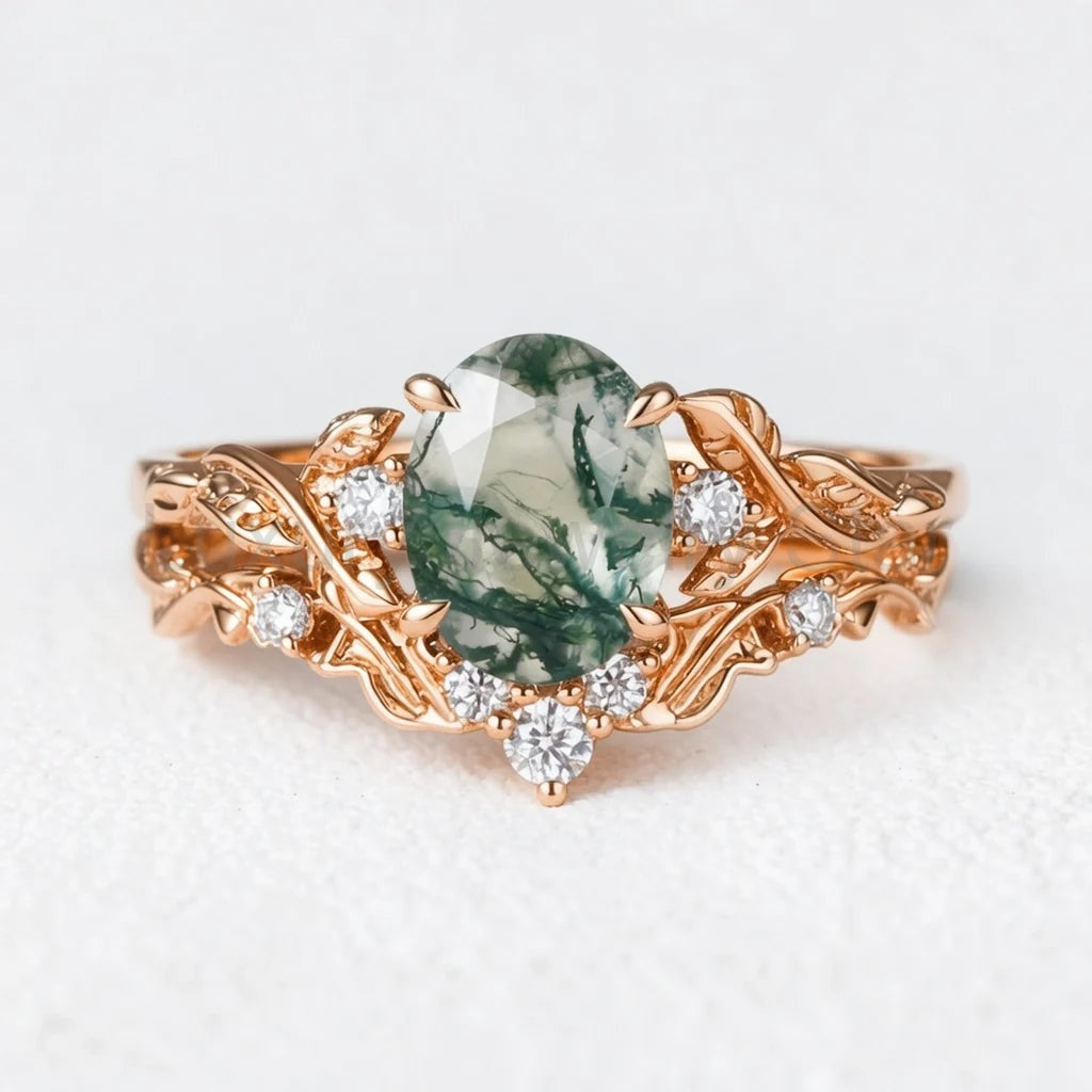 Rosalind’s Arbor | Oval Cut Moss Agate Leaf Branch Bridal Set 2pcs - image 4