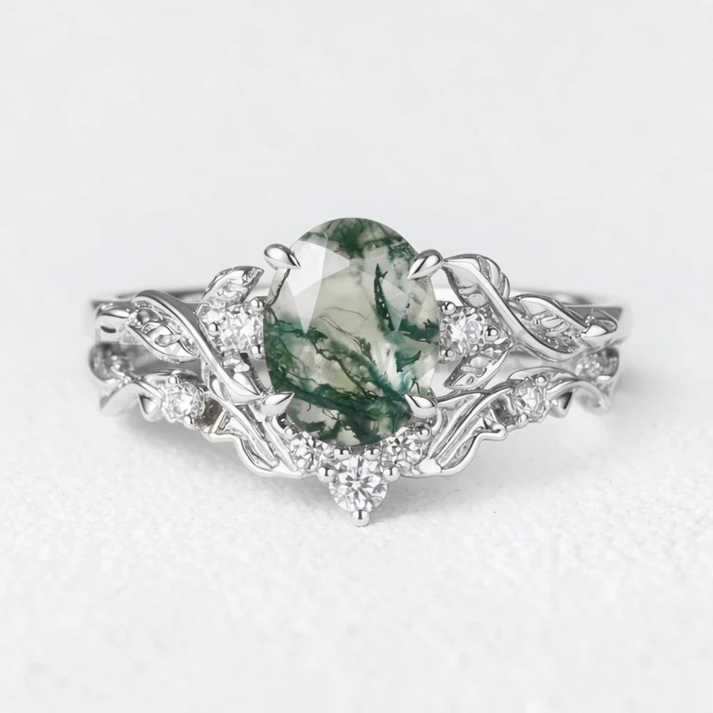 Rosalind’s Arbor | Oval Cut Moss Agate Leaf Branch Bridal Set 2pcs - image 5