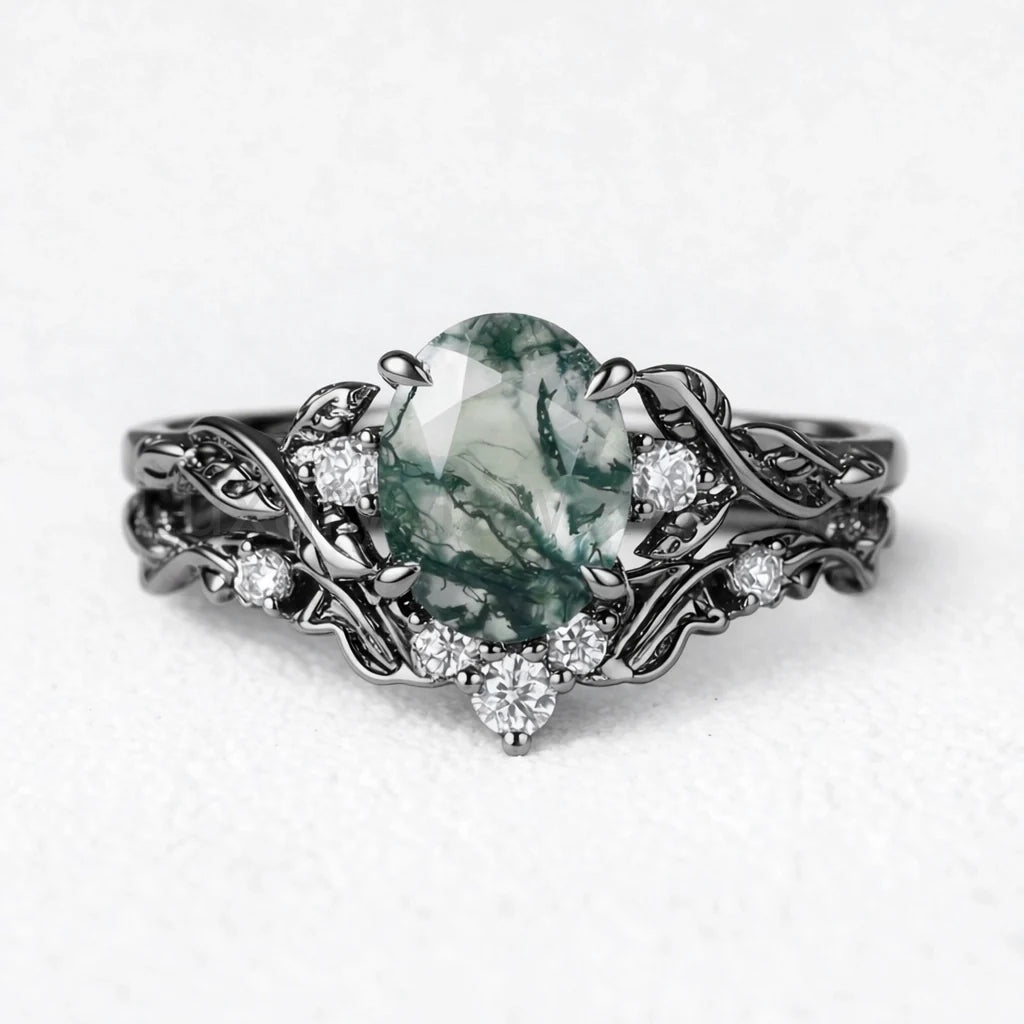 Rosalind’s Arbor | Oval Cut Moss Agate Leaf Branch Bridal Set 2pcs - image 6