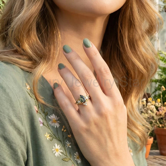 Genevieve’s Garland | Pear Moss Agate Leafy Engagement Ring