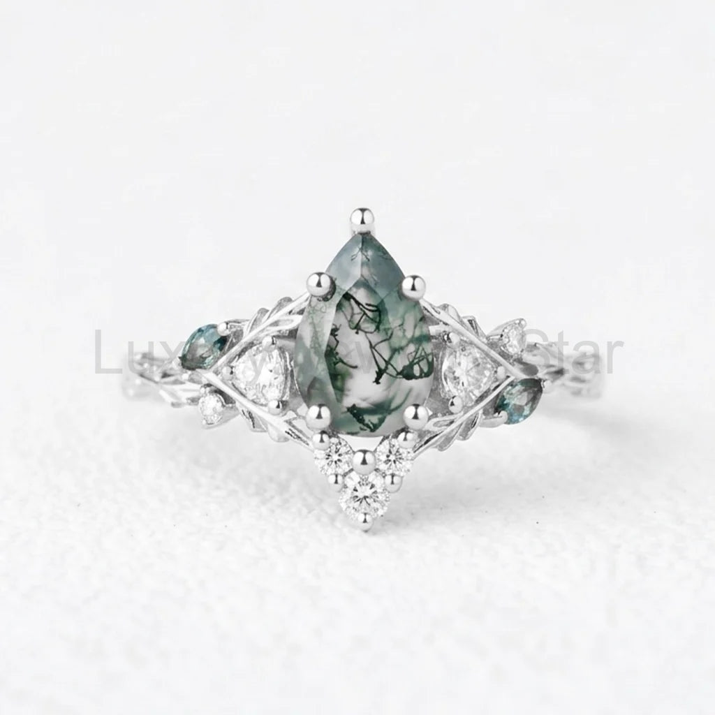 Genevieve’s Garland | Pear Moss Agate Leafy Engagement Ring - image 5