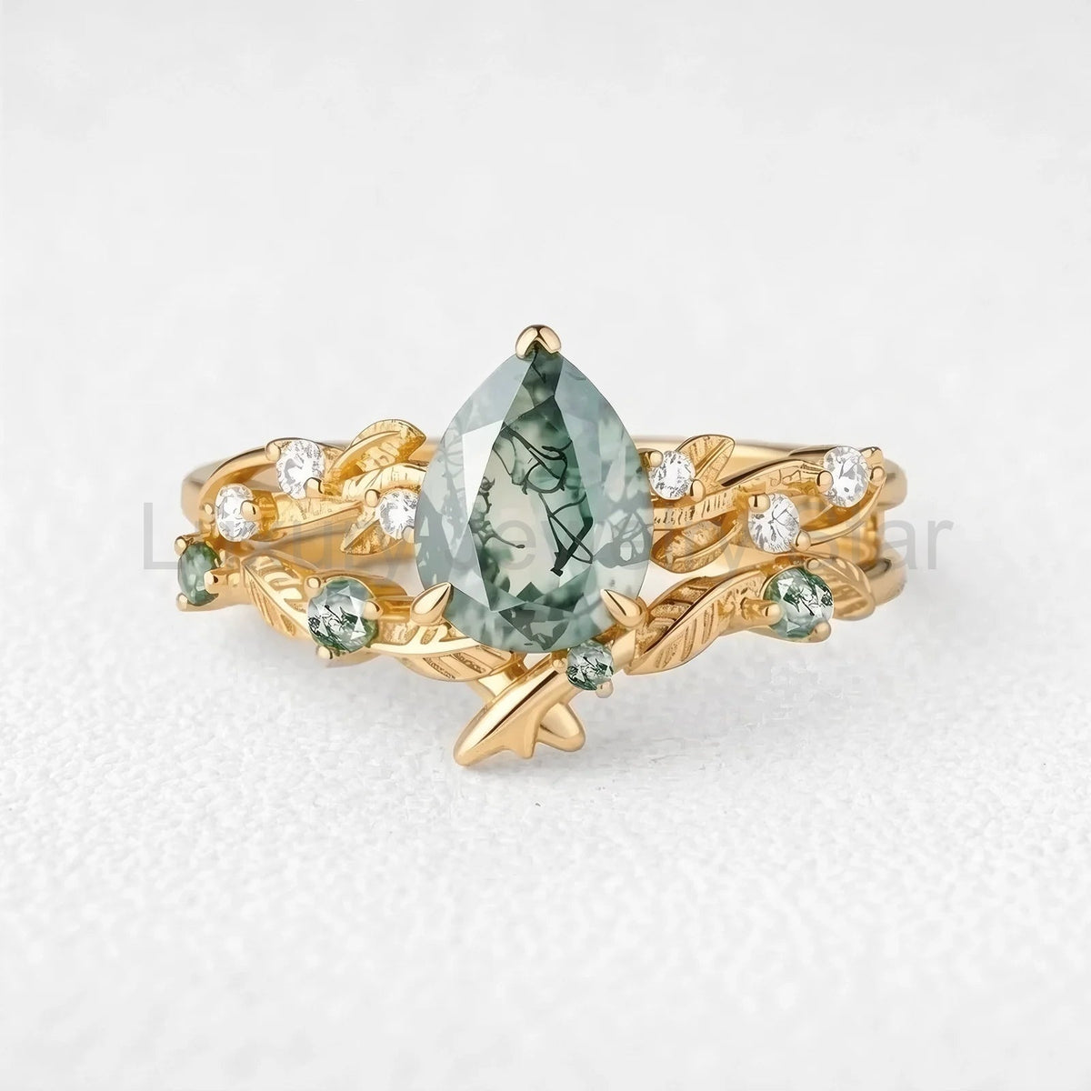 Clarissa’s Frond | Pear Cut Moss Agate Leafy Bridal Set 2pcs