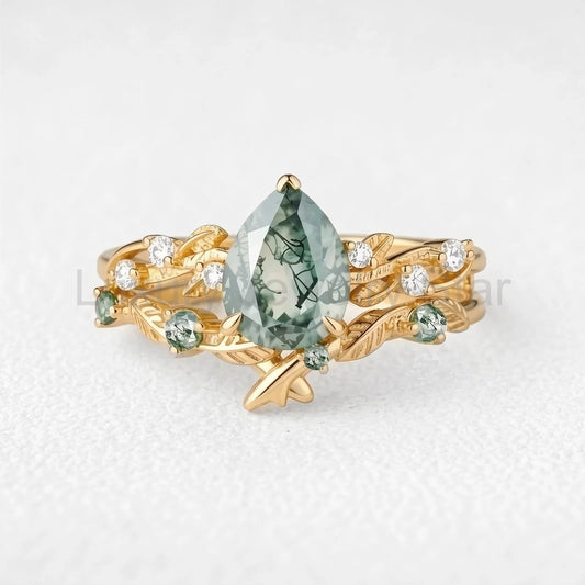 Clarissa’s Frond | Pear Cut Moss Agate Leafy Bridal Set 2pcs
