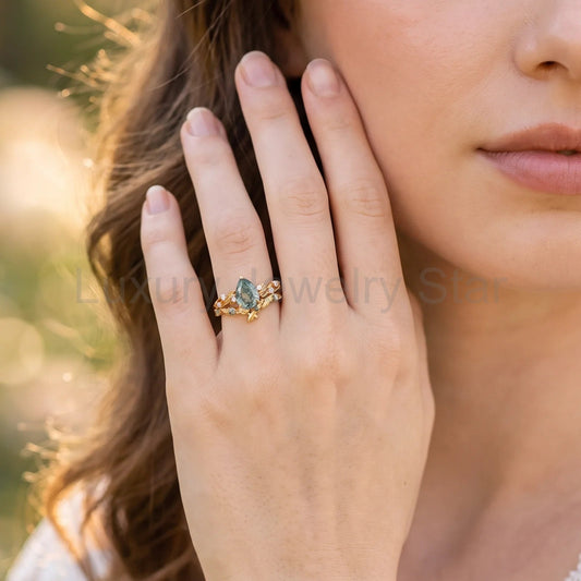 Clarissa’s Frond | Pear Cut Moss Agate Leafy Bridal Set 2pcs - image 2