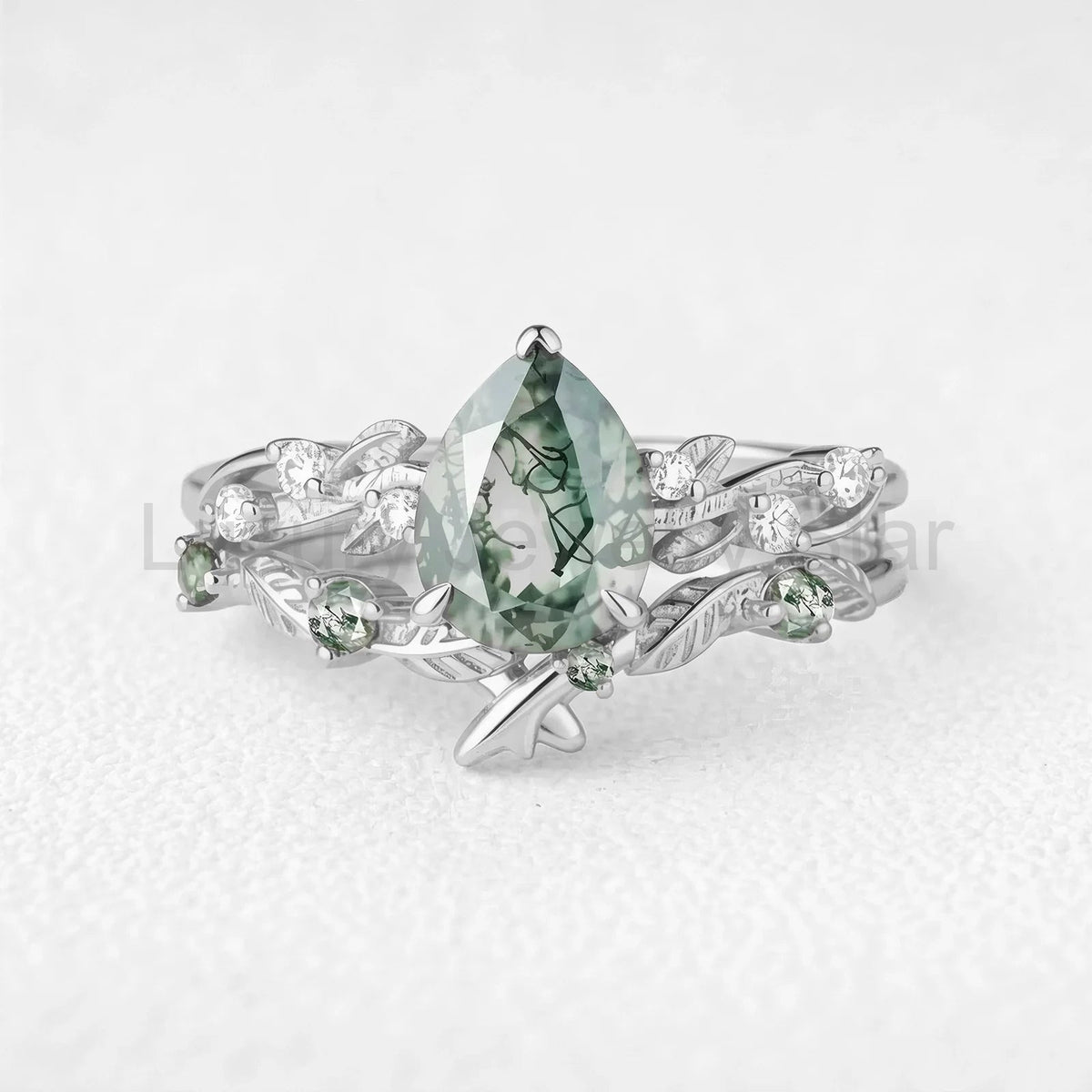 Clarissa’s Frond | Pear Cut Moss Agate Leafy Bridal Set 2pcs - image 3