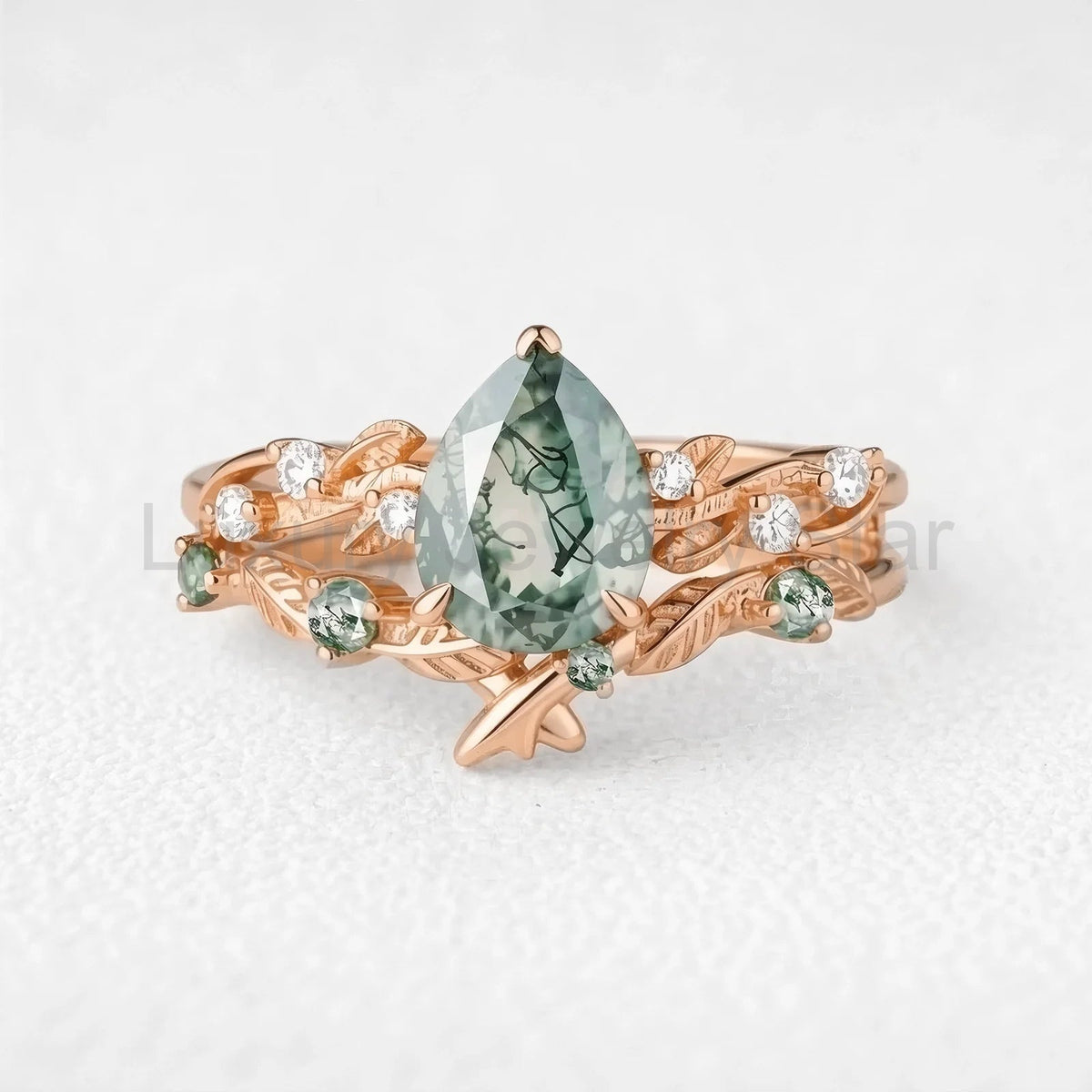 Clarissa’s Frond | Pear Cut Moss Agate Leafy Bridal Set 2pcs - image 4
