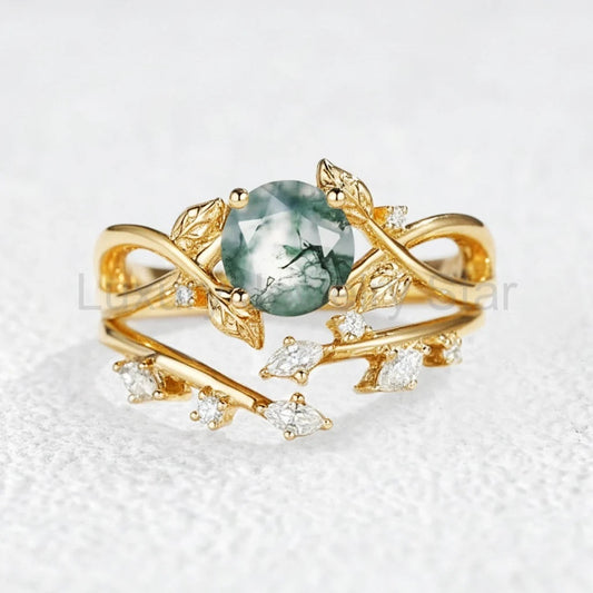 Cordelia Round Cut Moss Agate Leafy Infinity Bridal Set 2pcs