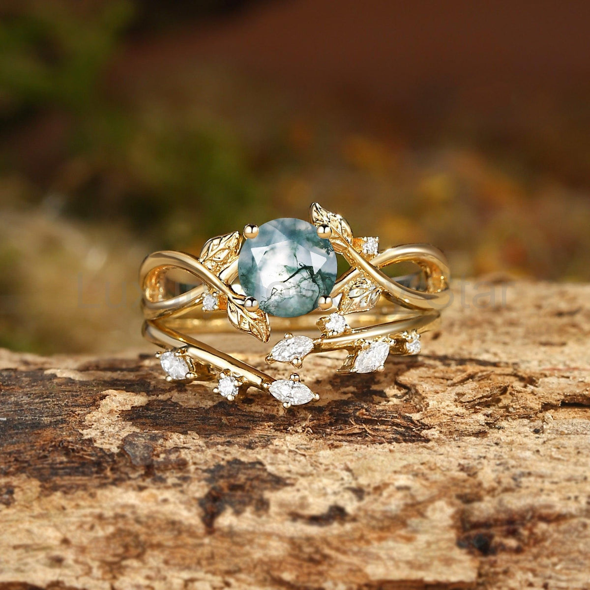 Cordelia Round Cut Moss Agate Leafy Infinity Bridal Set 2pcs - image 4