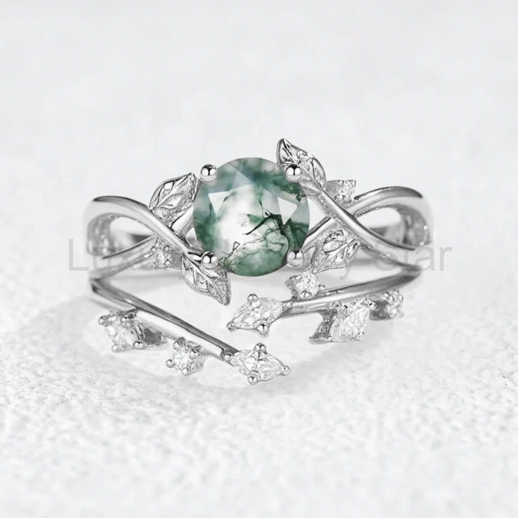 Cordelia Round Cut Moss Agate Leafy Infinity Bridal Set 2pcs - image 6