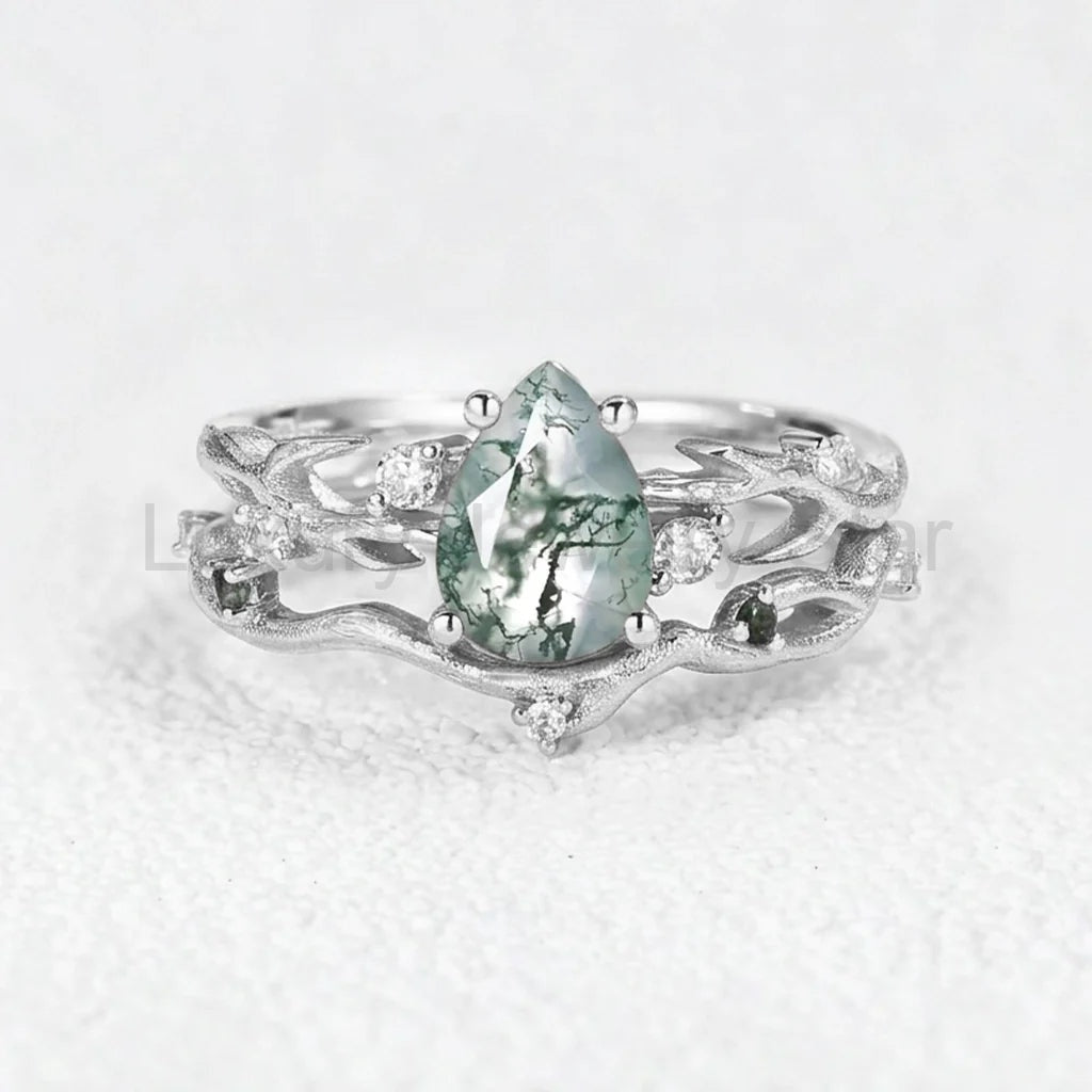 Camellia Pear Cut Moss Agate Branch Leafy Bridal Set 2pcs - image 4