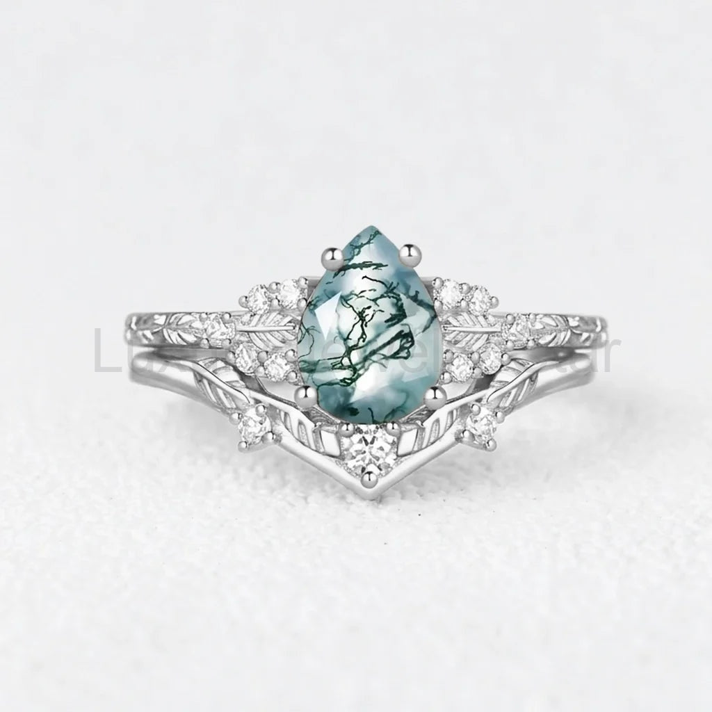 Hortense Leaf Nature Inspired Pear Cut Moss Agate Engagement Ring Set 2pcs - image 5