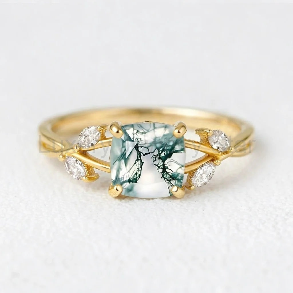 Penelope’s Evermore | Cushion Cut Moss Agate Vine Engagement Ring