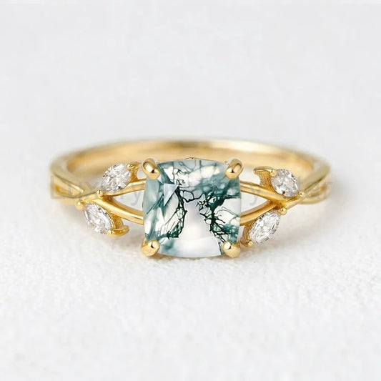 Penelope’s Evermore | Cushion Cut Moss Agate Vine Engagement Ring