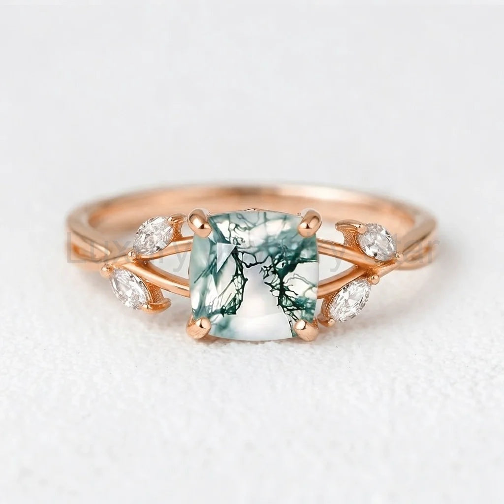 Penelope’s Evermore | Cushion Cut Moss Agate Vine Engagement Ring - image 3