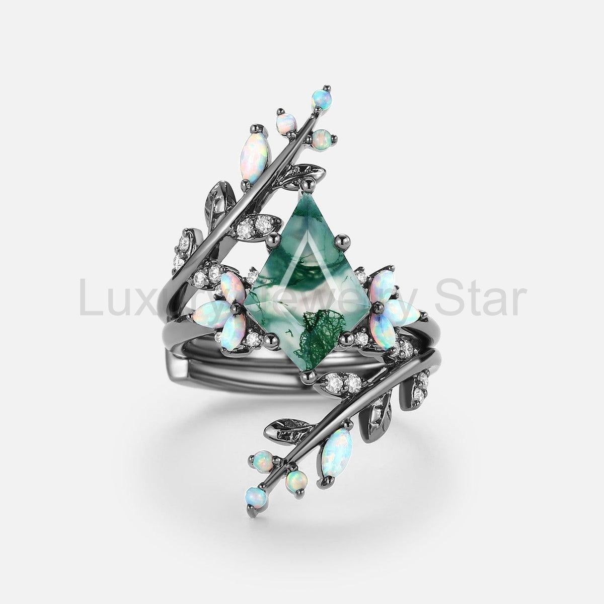 Nyx’s Enclosure | Black Gold Kite Cut Moss Agate & Opal Cage Leafy Engagement Ring Set 2pcs