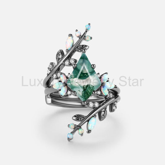 Nyx’s Enclosure | Black Gold Kite Cut Moss Agate & Opal Cage Leafy Engagement Ring Set 2pcs