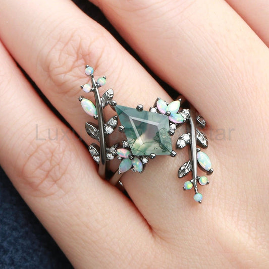 Nyx’s Enclosure | Black Gold Kite Cut Moss Agate & Opal Cage Leafy Engagement Ring Set - image 2