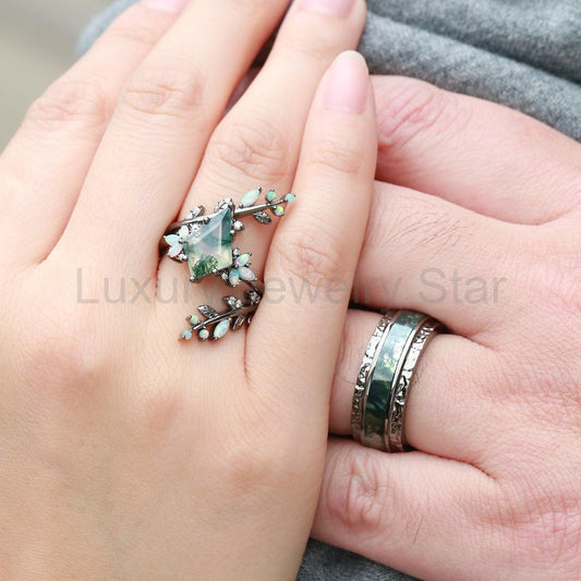 Knight’s Citadel | Kite Cut Moss Agate & Opal Couple Ring Set 3pcs - image 2