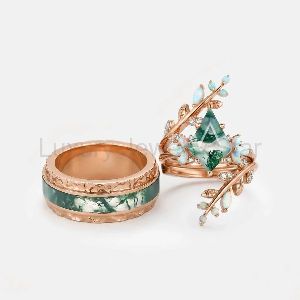 Knight’s Citadel | Kite Cut Moss Agate & Opal Couple Ring Set 3pcs - image 4