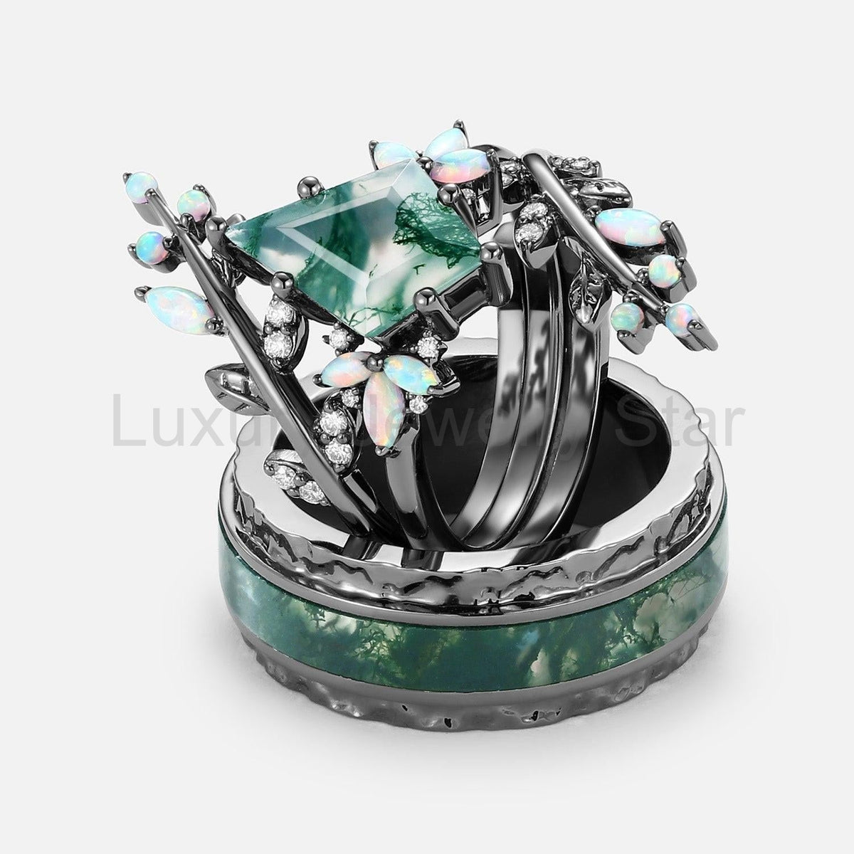 Knight’s Citadel | Kite Cut Moss Agate & Opal Couple Ring Set 3pcs - image 6