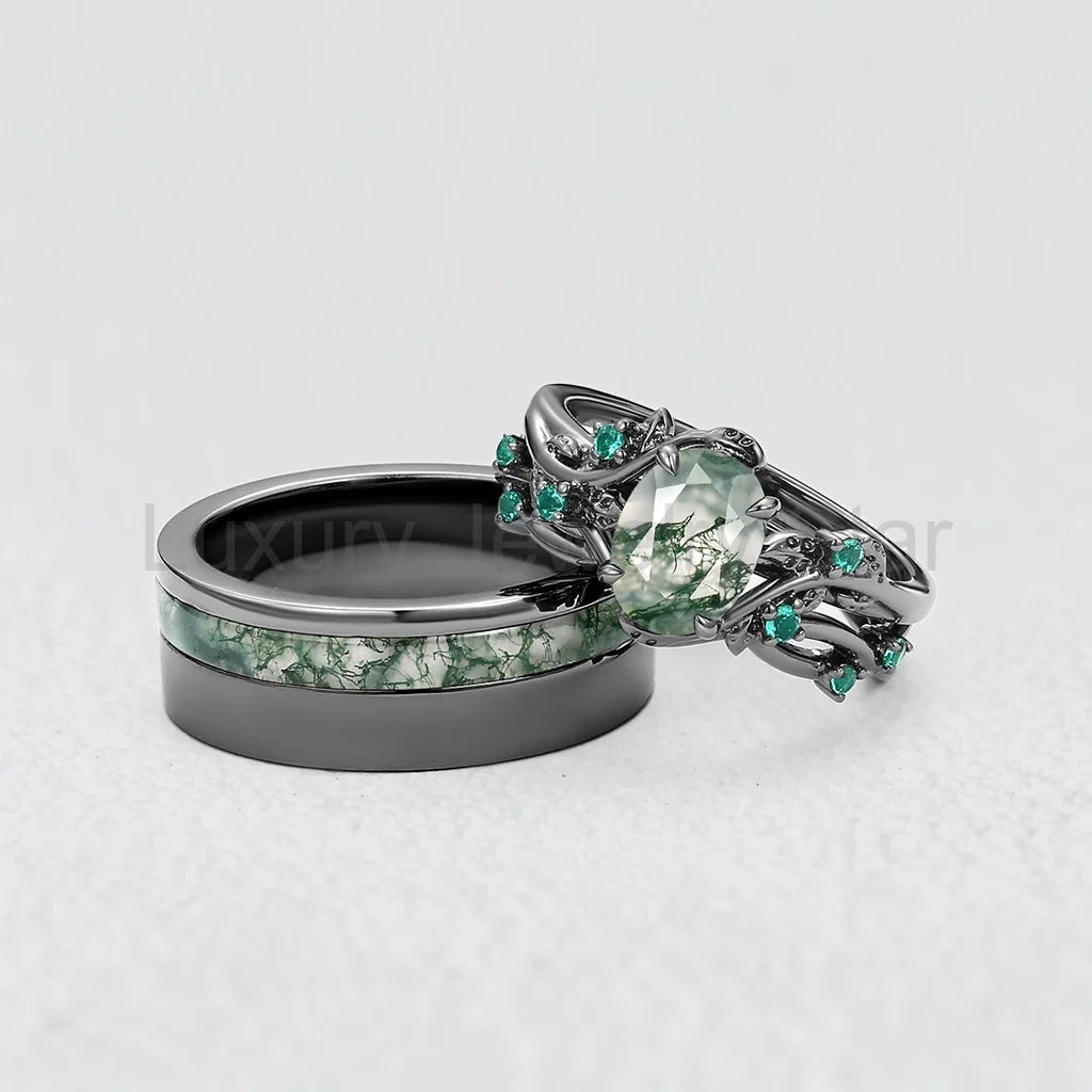 Sylvie’s Shadow | Black Gold & Oval Moss Agate Couple Ring Set 3pcs - image 3