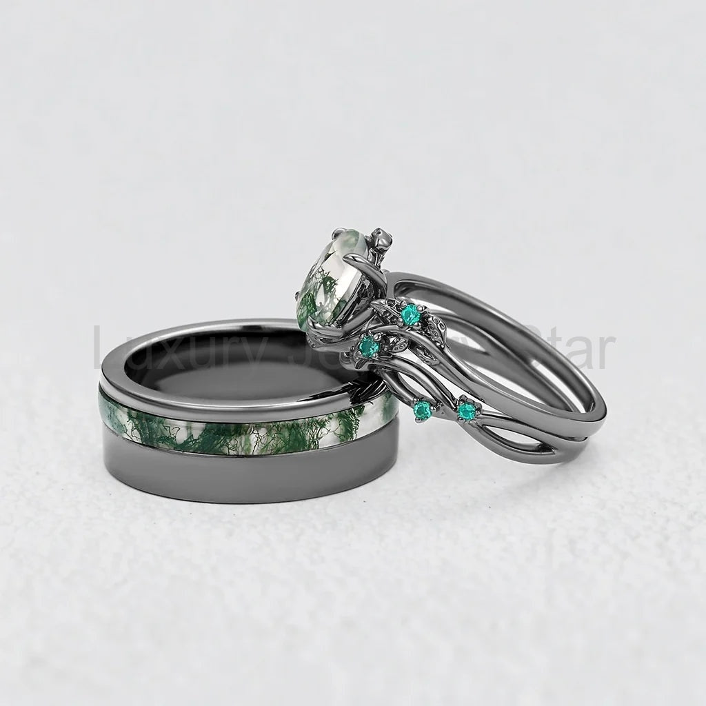 Sylvie’s Shadow | Black Gold & Oval Moss Agate Couple Ring Set 3pcs - image 4