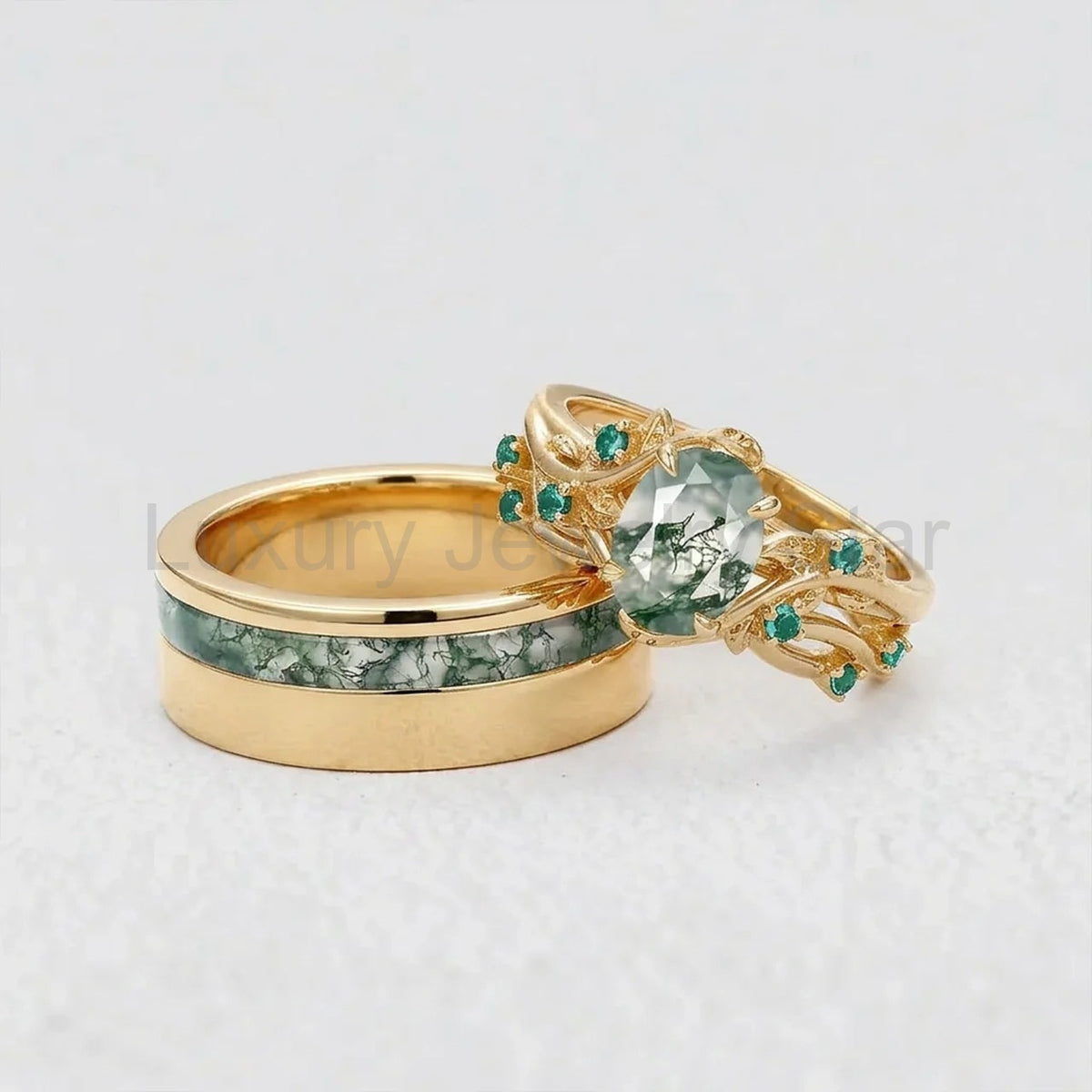 Sylvie’s Shadow | Black Gold & Oval Moss Agate Couple Ring Set 3pcs - image 5