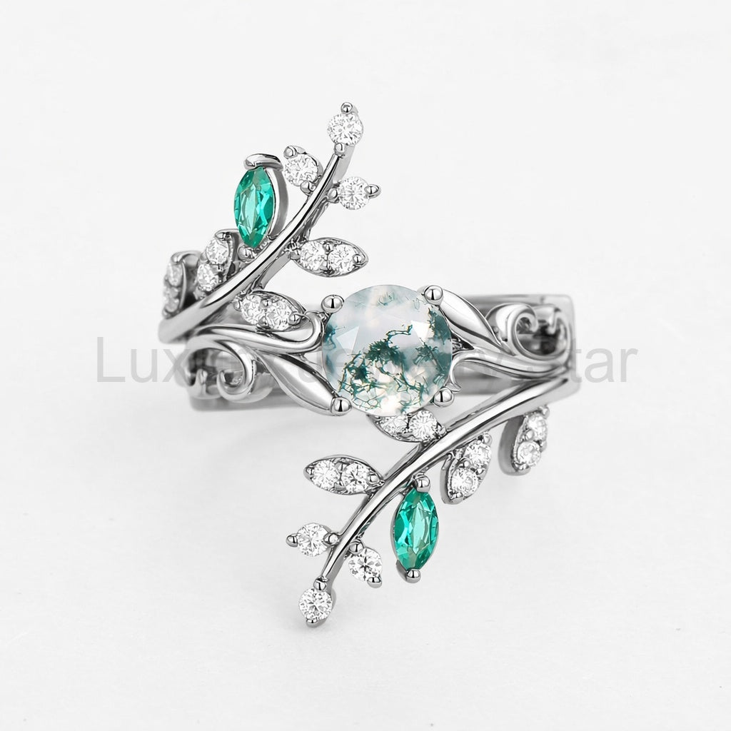 Forest Bloom – Round Cut Moss Agate & Emerald Engagement Rings - image 3