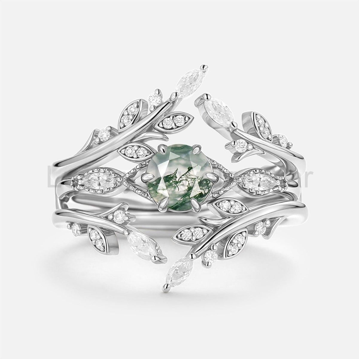 Zinnia’s Thicket | Round Cut Moss Agate Leafy Cage Bridal Set 2pcs - image 3