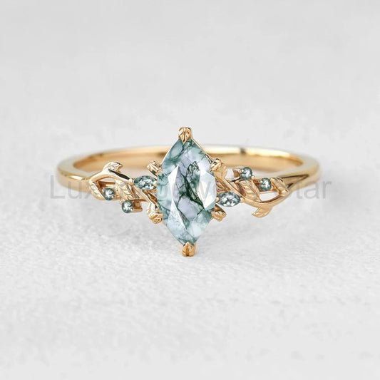 Celandine’s Twine | Marquise Moss Agate Leafy Twist Engagement Ring