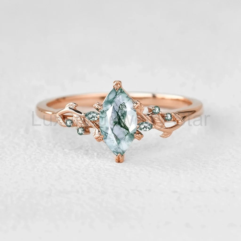 Celandine’s Twine | Marquise Moss Agate Leafy Twist Engagement Ring - image 3