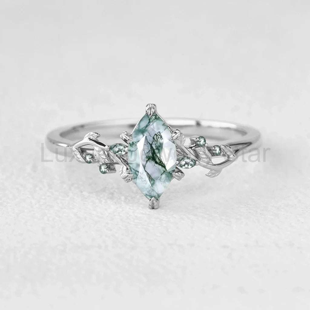 Celandine’s Twine | Marquise Moss Agate Leafy Twist Engagement Ring - image 4