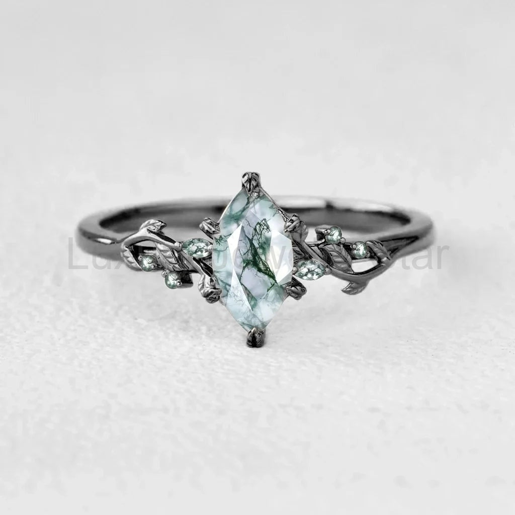 Celandine’s Twine | Marquise Moss Agate Leafy Twist Engagement Ring - image 5