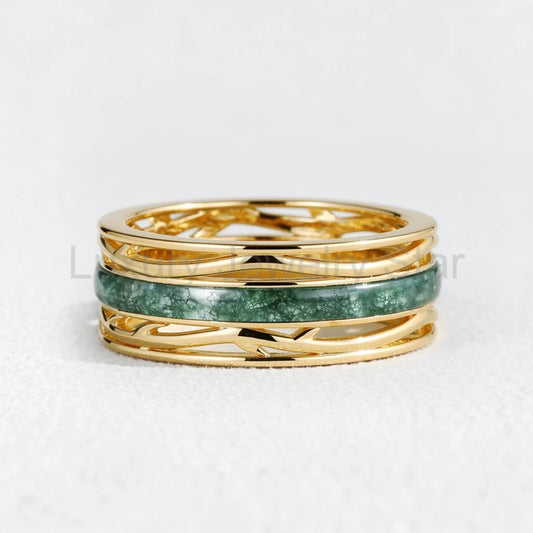 Odin’s Dominion | 8MM Moss Agate Men’s Ring with Openwork Branch Sides