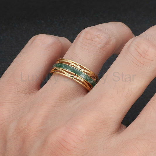 Odin’s Dominion | 8MM Moss Agate Men’s Ring with Openwork Branch Sides
