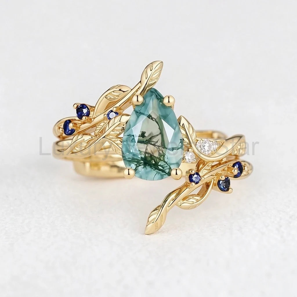 Cressida’s Companion | Moss Agate & Sapphire Engagement Enhancer Ring Set 2pcs