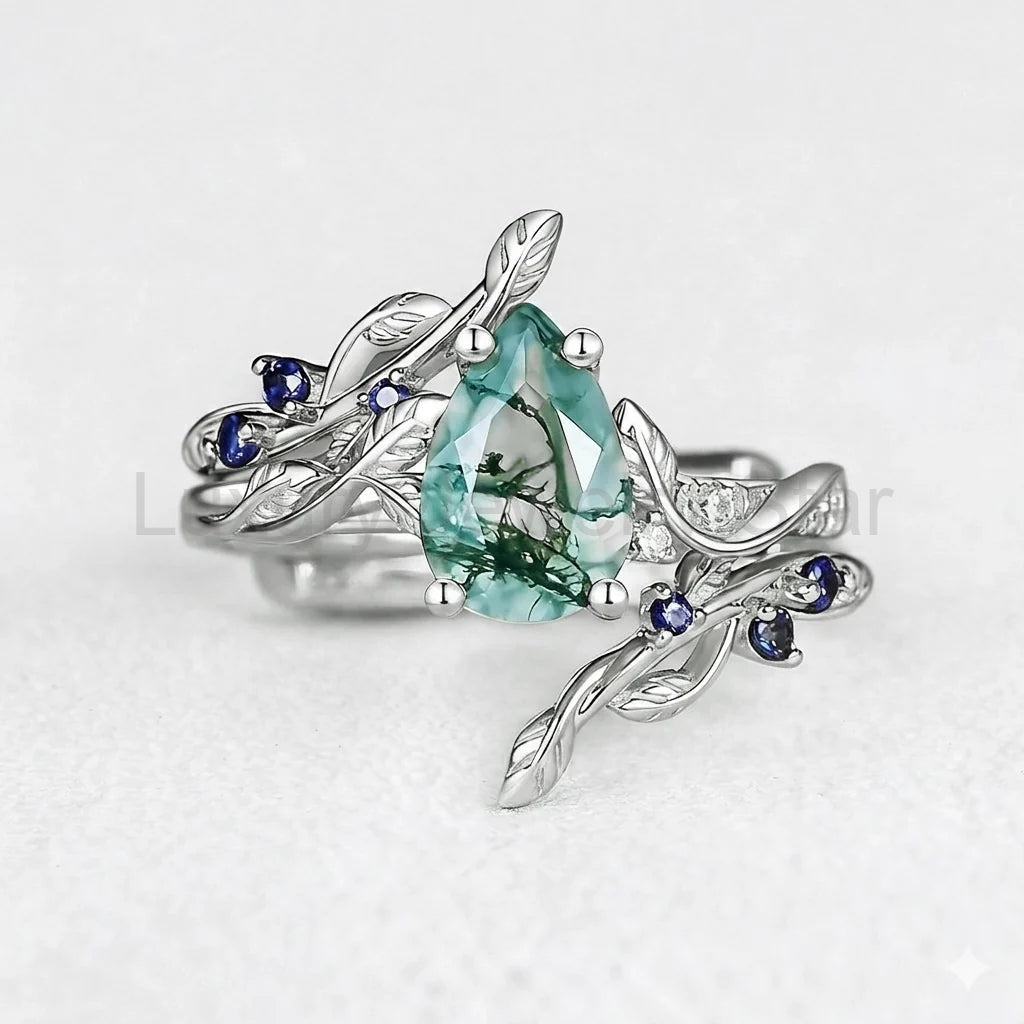 Cressida’s Companion | Moss Agate & Sapphire Engagement Enhancer Ring Set 2pcs - image 5
