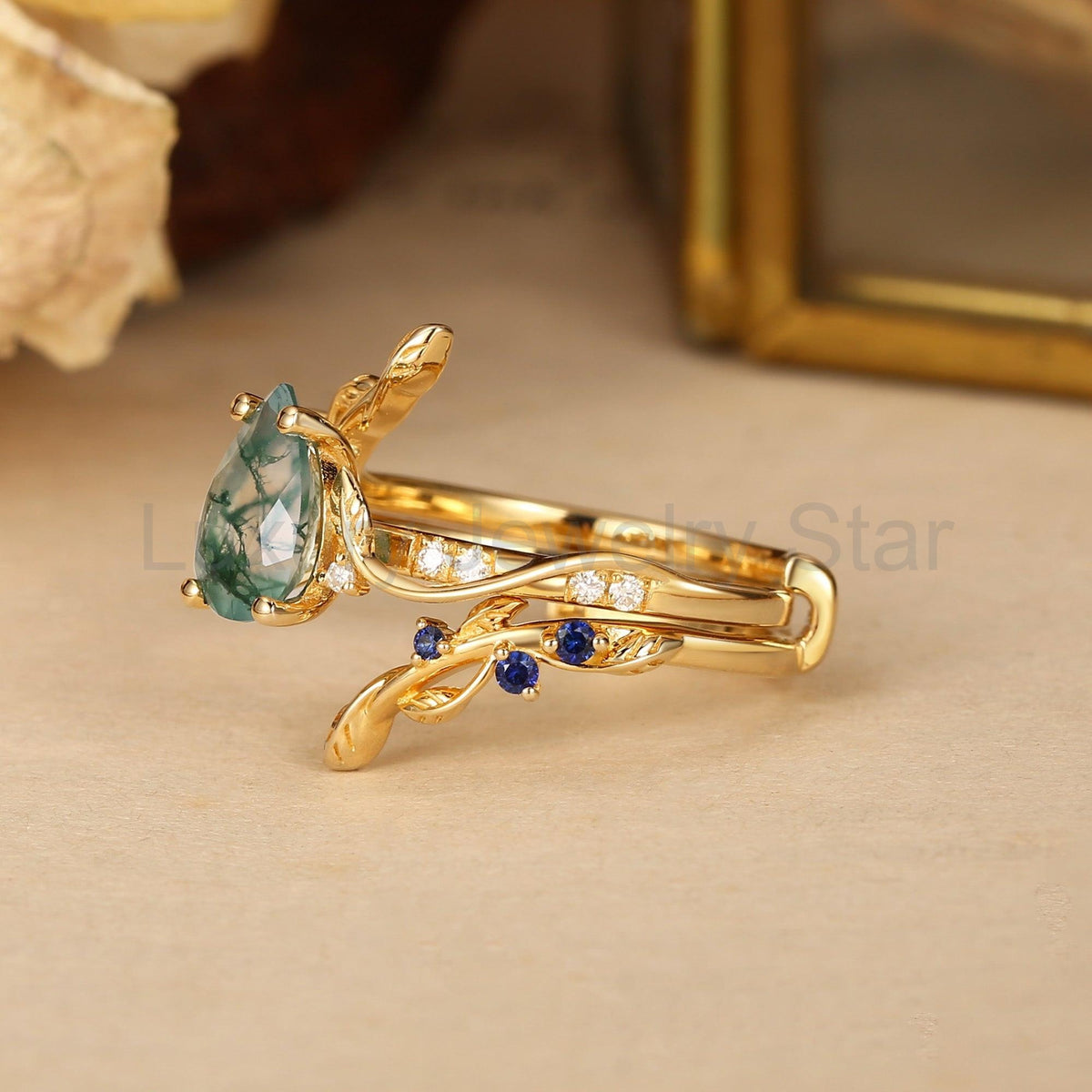 Cressida’s Companion | Moss Agate & Sapphire Engagement Enhancer Ring Set 2pcs - image 7