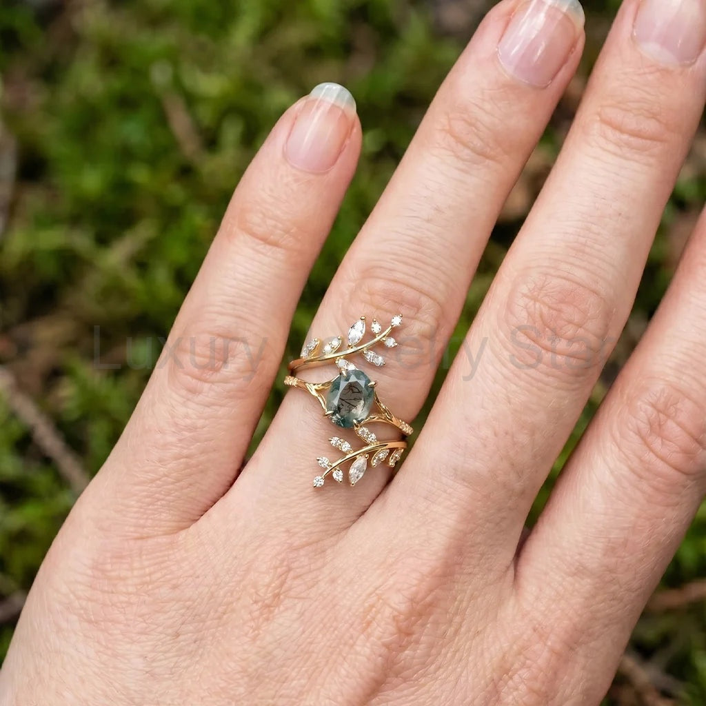 Daphne’s Wreath | Oval Moss Agate Cluster Enhancer Bridal Set 2pcs - image 3
