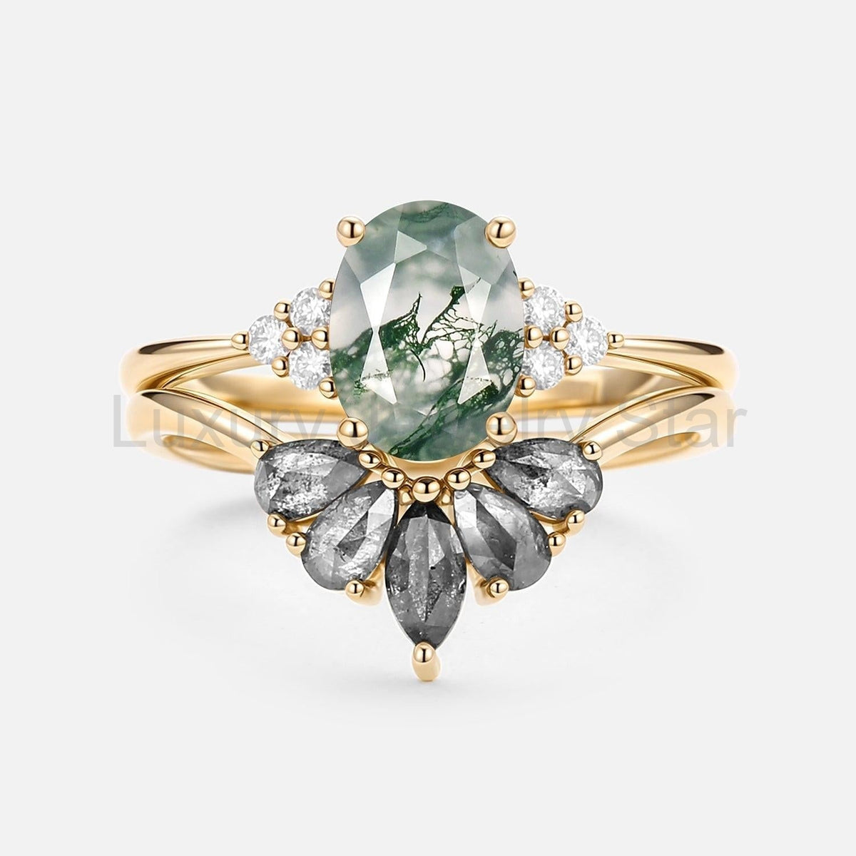 Thalia’s Harmony | Oval Cut Moss Agate & Salt and Pepper Diamond Bridal Set 2pcs